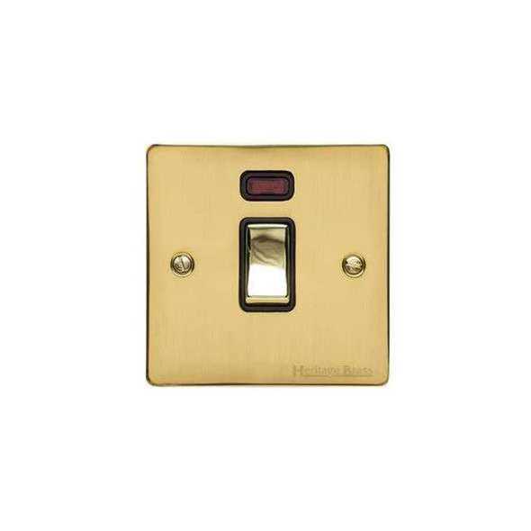 Elite Flat Plate Range 20A Double Pole Switch with Neon in Polished Brass  - Black Trim