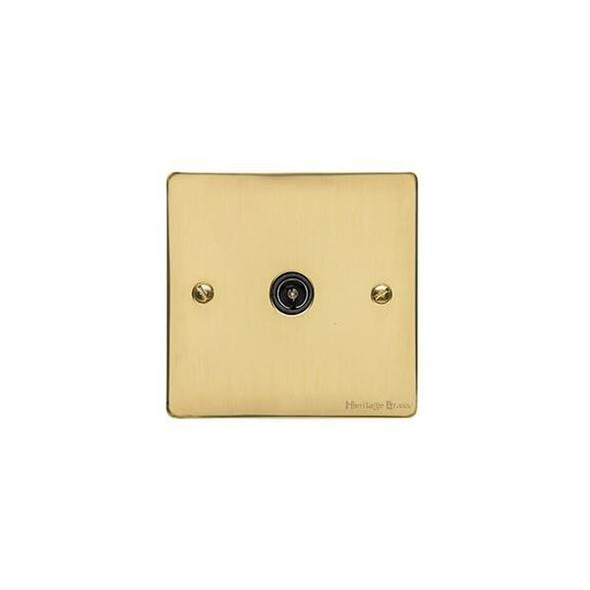 Elite Flat Plate Range 1 Gang Isolated TV Coaxial Socket in Polished Brass  - Black Trim