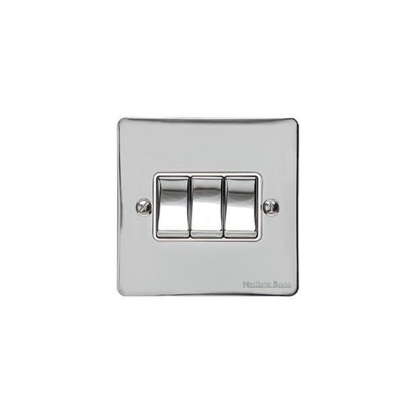 Elite Flat Plate Range 3 Gang Rocker Switch (10 Amp) in Polished Chrome  - White Trim