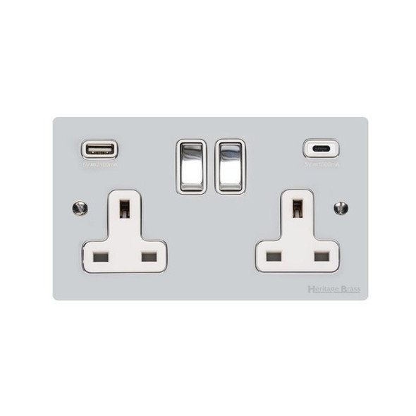 Elite Flat Plate Range 2G 13A Socket with USB-A & USB-C in Polished Chrome  - White Trim