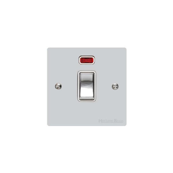 Elite Flat Plate Range 20A Double Pole Switch with Neon in Polished Chrome  - White Trim