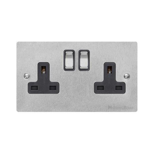 Elite Flat Plate Range Double Socket (13 Amp) in Satin Chrome  - Black Trim