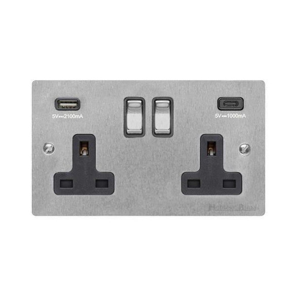 Elite Flat Plate Range 2G 13A Socket with USB-A & USB-C in Satin Chrome  - Black Trim
