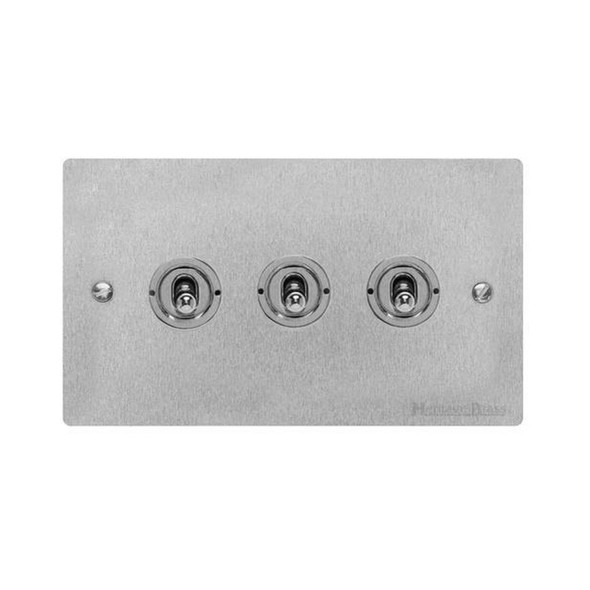 Elite Flat Plate Range 3 Gang Toggle Switch in Satin Chrome  - Trimless