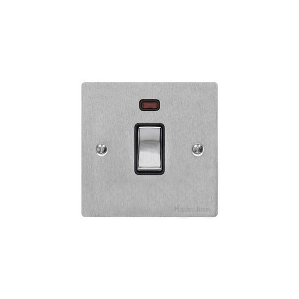 Elite Flat Plate Range 20A Double Pole Switch with Neon in Satin Chrome  - Black Trim