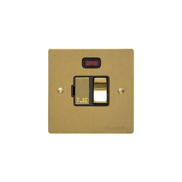 Elite Flat Plate Range Switched Spur with Neon (13 Amp) in Satin Brass  - Black Trim