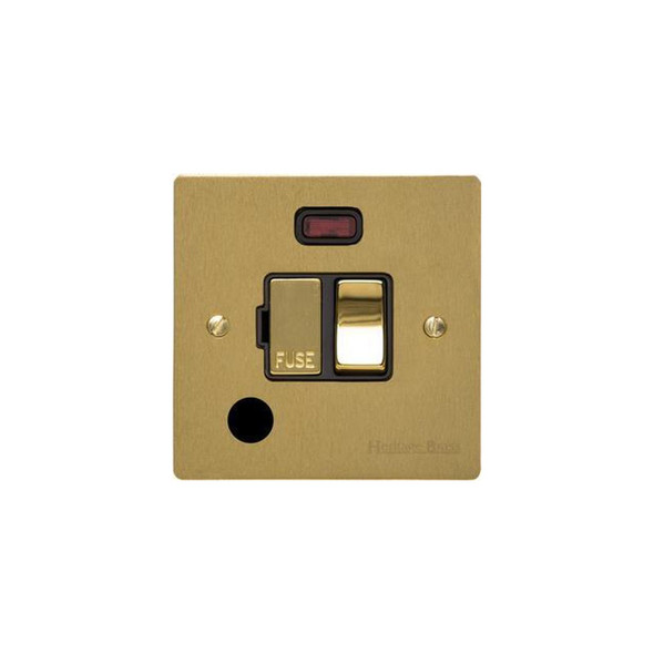 Elite Flat Plate Range Switched Spur with Neon + Cord (13 Amp) in Satin Brass  - Black Trim