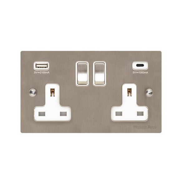 Elite Flat Plate Range 2G 13A Socket with USB-A & USB-C in Satin Nickel  - White Trim