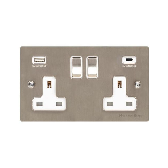 Elite Flat Plate Range 2G 13A Socket with USB-A & USB-C in Satin Nickel  - Black Trim