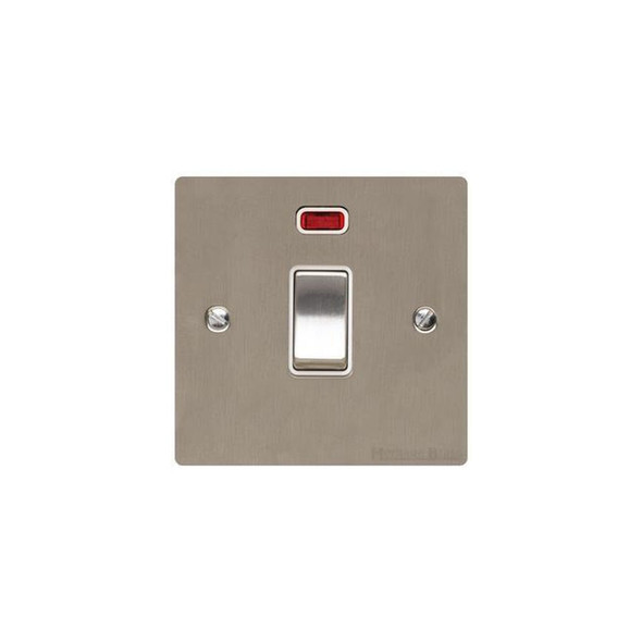 Elite Flat Plate Range 20A Double Pole Switch with Neon in Satin Nickel  - White Trim