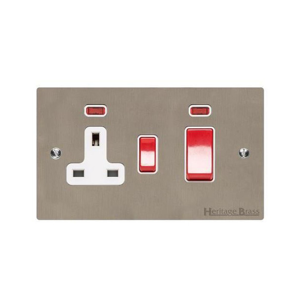 Elite Flat Plate Range 45A Cooker Unit + 13A Socket in Satin Nickel  - White Trim