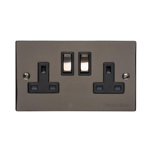 Elite Flat Plate Range Double Socket (13 Amp) in Polished Black Nickel  - Black Trim