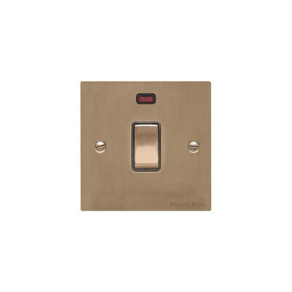 Elite Flat Plate Range 20A Double Pole Switch with Neon in Antique Brass  - Black Trim