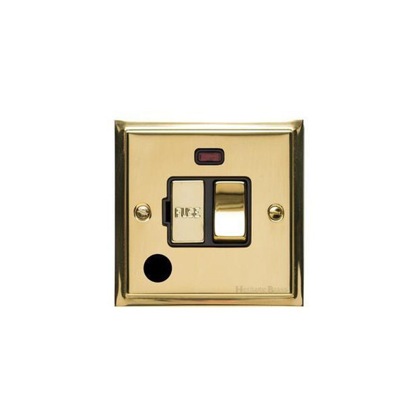 Elite Stepped Plate Range Switched Spur with Neon + Cord (13 Amp) in Polished Brass  - Black Trim