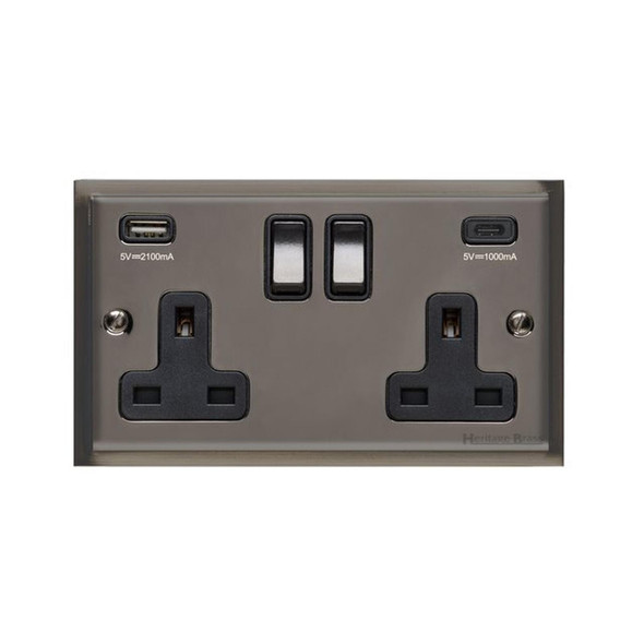 Elite Stepped Plate Range 2G 13A Socket with USB-A & USB-C in Polished Black Nickel  - Black Trim