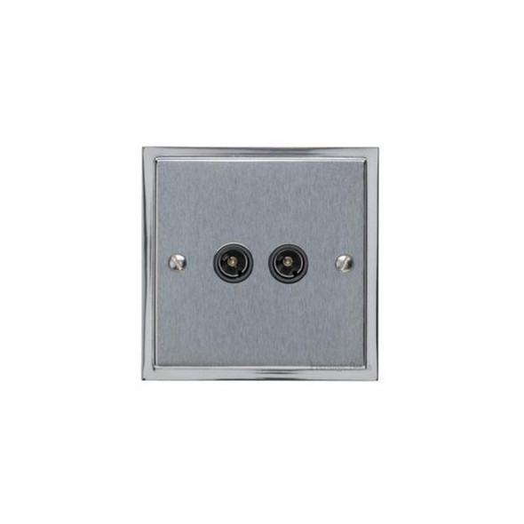 Elite Stepped Plate Range 2 Gang TV Coaxial Socket in Satin Chrome  - Black Trim