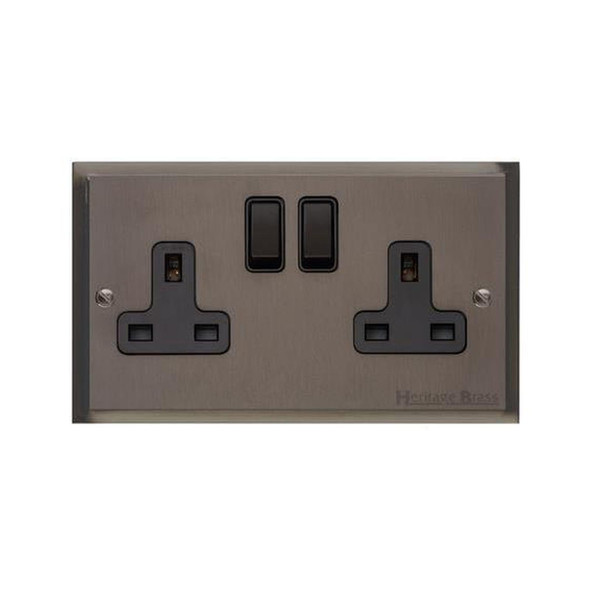 Elite Stepped Plate Range Double Socket (13 Amp) in Matt Bronze  - Black Trim