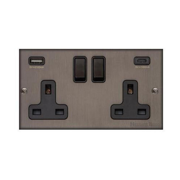 Bauhaus Range 2G 13A Socket with USB-A & USB-C in Matt Bronze  - Black Trim