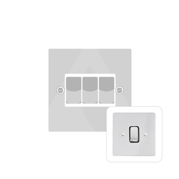 Stylist Grid Range 3 Gang Rocker Switch (10 Amp) Double Plate in Polished Chrome  - White Trim