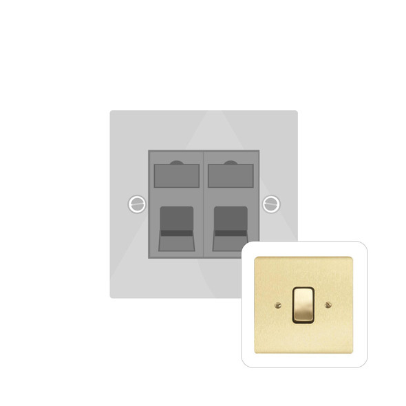 Stylist Grid Range 2 Gang Master Line Socket in Satin Brass  - White Trim