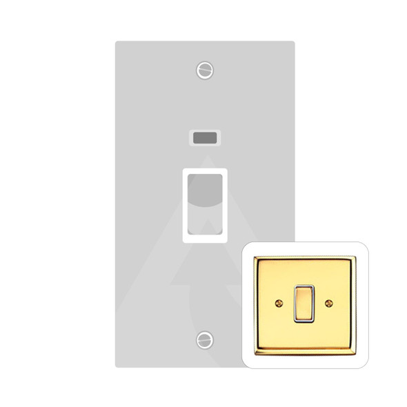 Contractor Range 45A DP Cooker Switch with Neon (tall plate) in Polished Brass  - White Trim - K961W