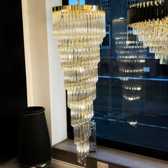 Spiral Tiered Crystal Chandelier in Gold Full Body, Interior Lighting, Luxury Chandeliers