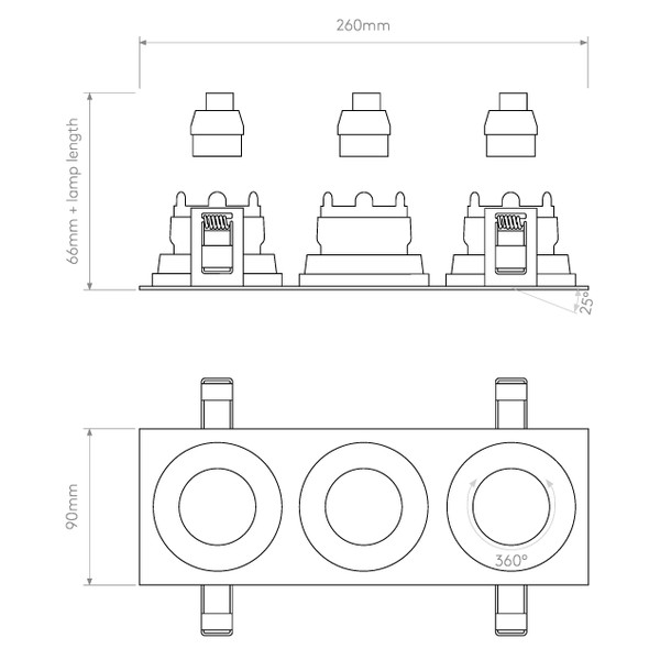 Pinhole Square Triple Adjustable Downlight Technical Drawing