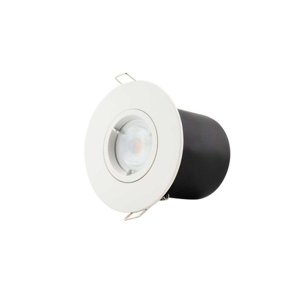 Side view of the IP20 fire rated downlight showing the aluminium alloy body and spring clips