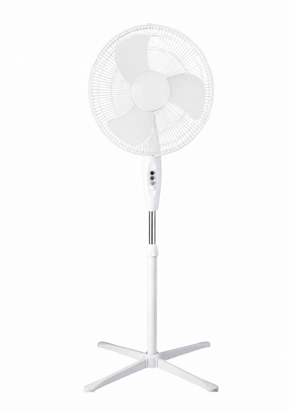 16 inch white oscillating pedestal fan with height adjustable stand and cross base on white background