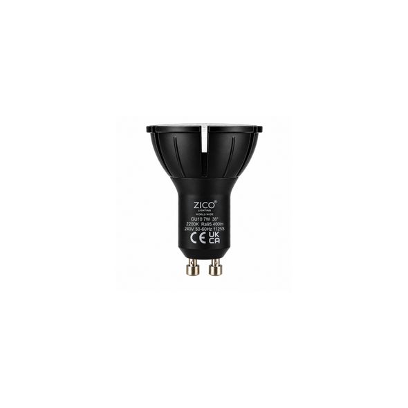Zico GU10 LED spotlight 7W 2200K side profile with black finish, GU10 pins, CE and UKCA markings