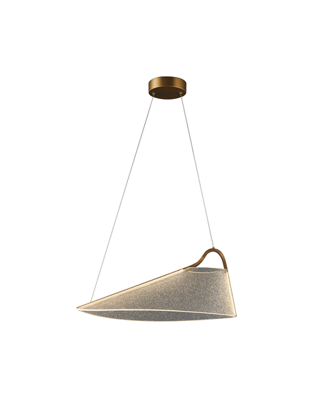 Dimmable gold sculptural LED pendant light on white background — angled textured acrylic shade with matt gold arch suspension and round ceiling canopy, 600mm, 20W, 3000K