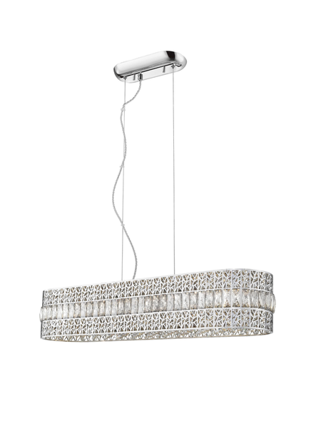 Chrome linear crystal bar pendant light with decorative openwork iron frame and central band of rectangular clear crystals, 850mm, 6-light G9