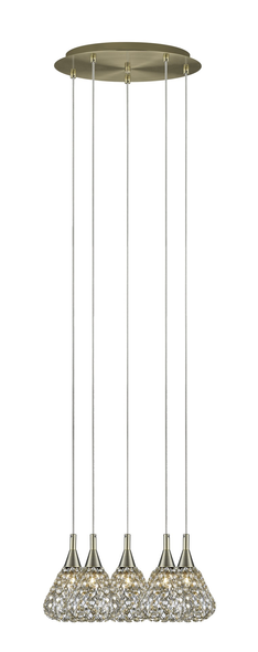 Antique Brass Pendant Light with Crystal Shades - 5-light G9