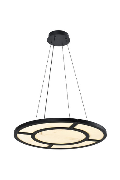Alabaster circular pendant light in black finish, angled view showing concentric alabaster sections within geometric black aluminium frame, suspended by four cables from matching black canopy