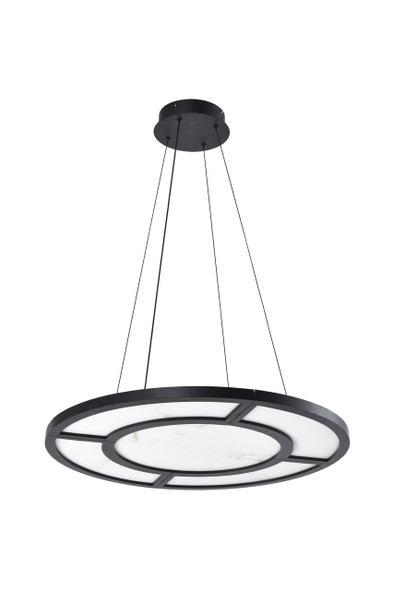 Alabaster circular pendant light in black, front-facing view showing natural stone veining across the disc face with concentric black aluminium frame divisions and circular ceiling canopy