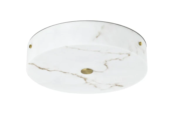 Alabaster flush ceiling light in matt brass switched off, showing the veined marble-effect drum and brass detailing