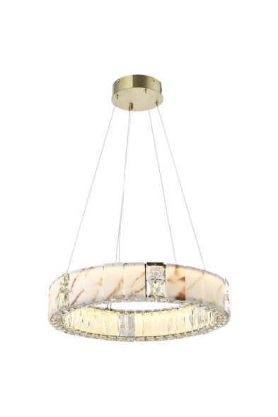 Alabaster crystal ring pendant in brass, angled view showing warm glow through crystal inner edge and alabaster outer band with brass ceiling canopy above