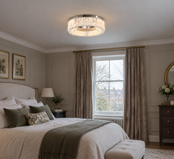 Chrome alabaster and crystal flush ceiling light glowing warm white in a panelled period bedroom with sash window