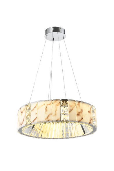 Alabaster and crystal ring pendant with chrome finish, 150mm deep frame, 50W dimmable LED, warm 3000K glow