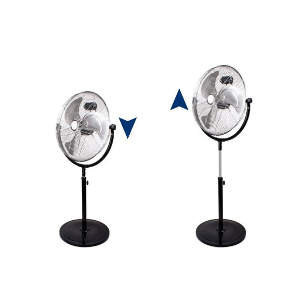 18 inch chrome pedestal fan showing height adjustment from low to high position