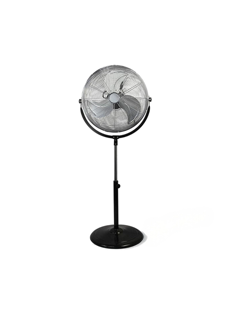 18 inch chrome industrial pedestal fan with adjustable stand and circular base on white background