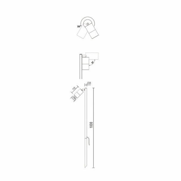 Technical drawing and dimensions of IP65 outdoor long garden spike light with adjustable head, GU10 compatible