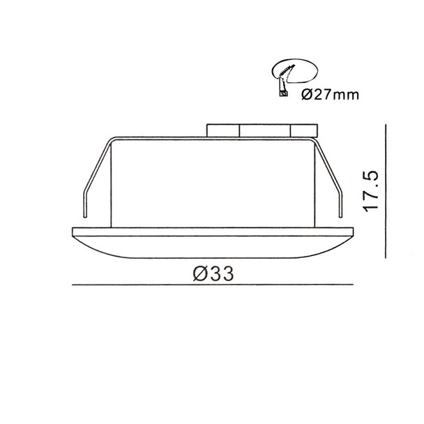 Technical drawing of LED fire rated mini downlight showing 27mm cut out size