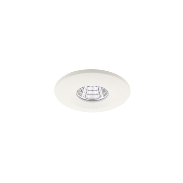 Bottom view of 3W LED mini downlight recessed into ceiling, white finish, IP65, fire rated, 3000K