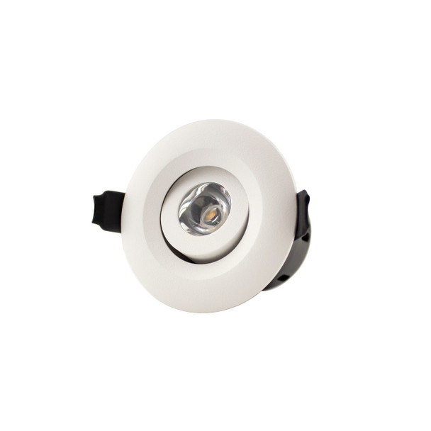 4W LED mini downlight front view with lamp tilted, adjustable, white finish, IP44, fire rated, dimmable