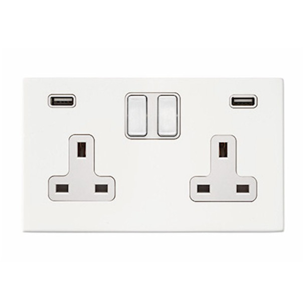 Hartland CFX Gloss White 2 gang 13A Double Pole Switched Socket with 2 USB Ultra Outlets 2x2.4A White/White