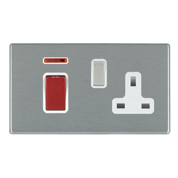 Hartland CFX Satin Steel Effect 45A Double Pole Rocker + Neon + 13A Switched Socket Red+Satin Steel/White