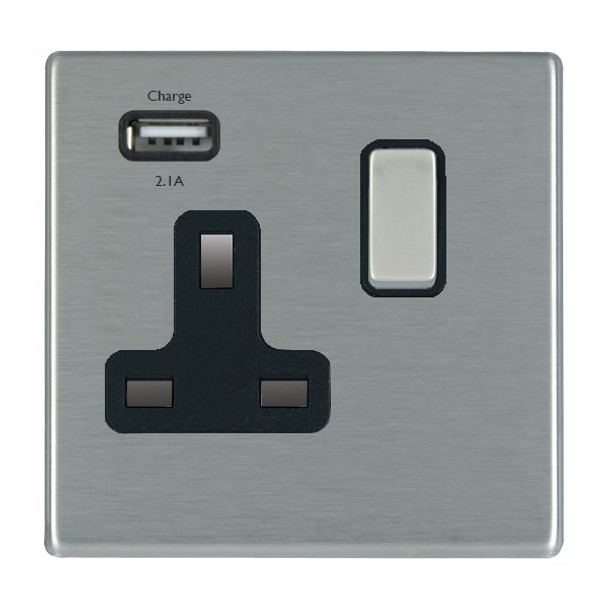 Hartland CFX Satin Steel Effect 1 gang 13A Single Pole Switched Socket with 1 USB Outlets 1x2.1A Satin Steel/Black