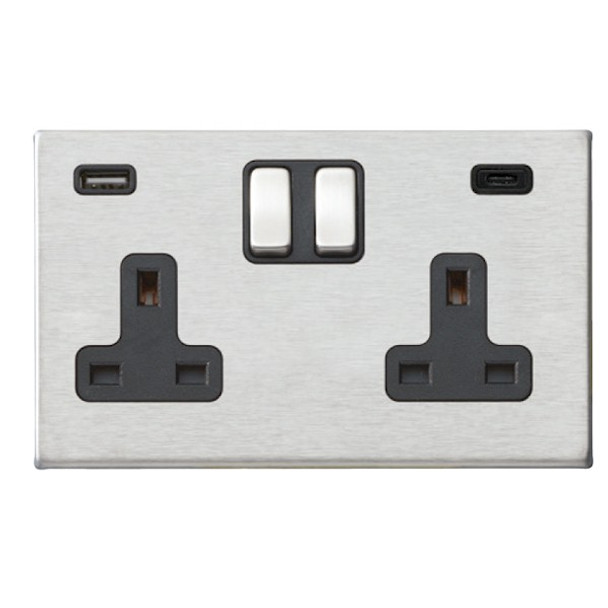 Hartland CFX Satin Steel Effect 2 gang 13A Double Pole Switched Socket with 2 USB Ultra Outlets 2x2.4A Satin Steel/Black