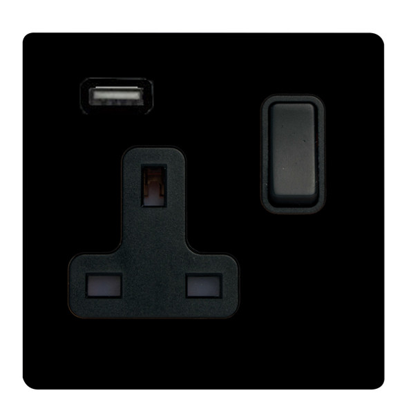 Hartland CFX Colours Jet Black 1 gang 13A Single Pole Switched Socket with 1 USB Outlets 1x2.1A Black/Black